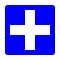 White cross in blue square.