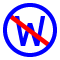 Blue capital W in white circle with blue outline and a red slash going across W at angle.