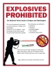 Red border with explosives prohibited text; figure shooting tracer ammo; exploding target; respected access is open access logo