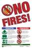 Nor fires in red at a slant, with red slash prohibited symbol over flames. Icons of prohibited and permitted activities