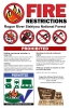 Fire restrictions on the Rogue River-Siskiyou National Forest; Red prohibited symbol with flame underneath; graphics of permitted campfire alternatives.