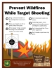 Prevent wildfires while target shooting. Border with target sheet on a post, in front of a rock and spark near burning grass in background. Forest Service shield, National Forest Portal sign