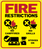 Restrictions" text; campfire icon with prohibited X and "No campfires" text; grill icon with prohibited X and "No Grills" text; propane stoves with OK check mark and "Stoves OK" text