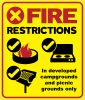Fire Restrictions; Campfire ring icon with OK checkmark; Propane stove with OK checkmark; Pedestal grill with OK checkmark; "In developed campgrounds and picnic grounds only" text