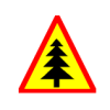 Yellow triangle with red outline and a black pine tree in middle.