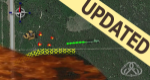 Animation of a flame front moving toward a tractor and fire engine. A cross hatch dozer line is between fire and equipment, and compass in top left corner.