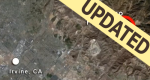 Aerial image of the topography of California showing the Santiago Fire and where fire shelters were deployed with updated banner in upper right corner.