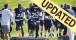 Photo of Seattle Seahawks team doing drills with updated banner in upper left corner.