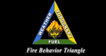 Photo of the fire behavior triangle with words on each side reading weather, fuel, and topography. Flames in center. 