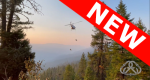 Image of helicopter flying over trees with rappel team going down ropes.