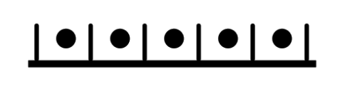 A black line with six vertical lines on top with dots between each.