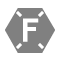 White F with tick marks inside each point of of gray hexagon.  