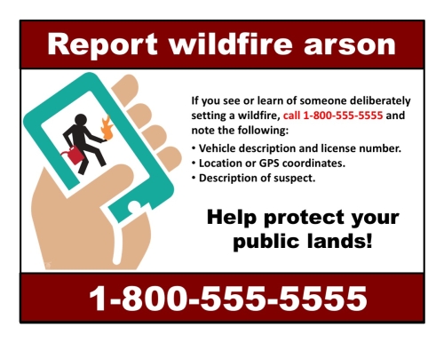 Report wildfire arson with hand holding a cell phone with graphic of arsonist