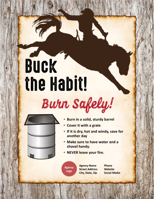 Bucking horse and rider, with text that says Buck the Habit, Burn Safely, and a burn barrel diagram with tips