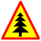 Yellow triangle with red outline and black pine tree silhouette in middle.